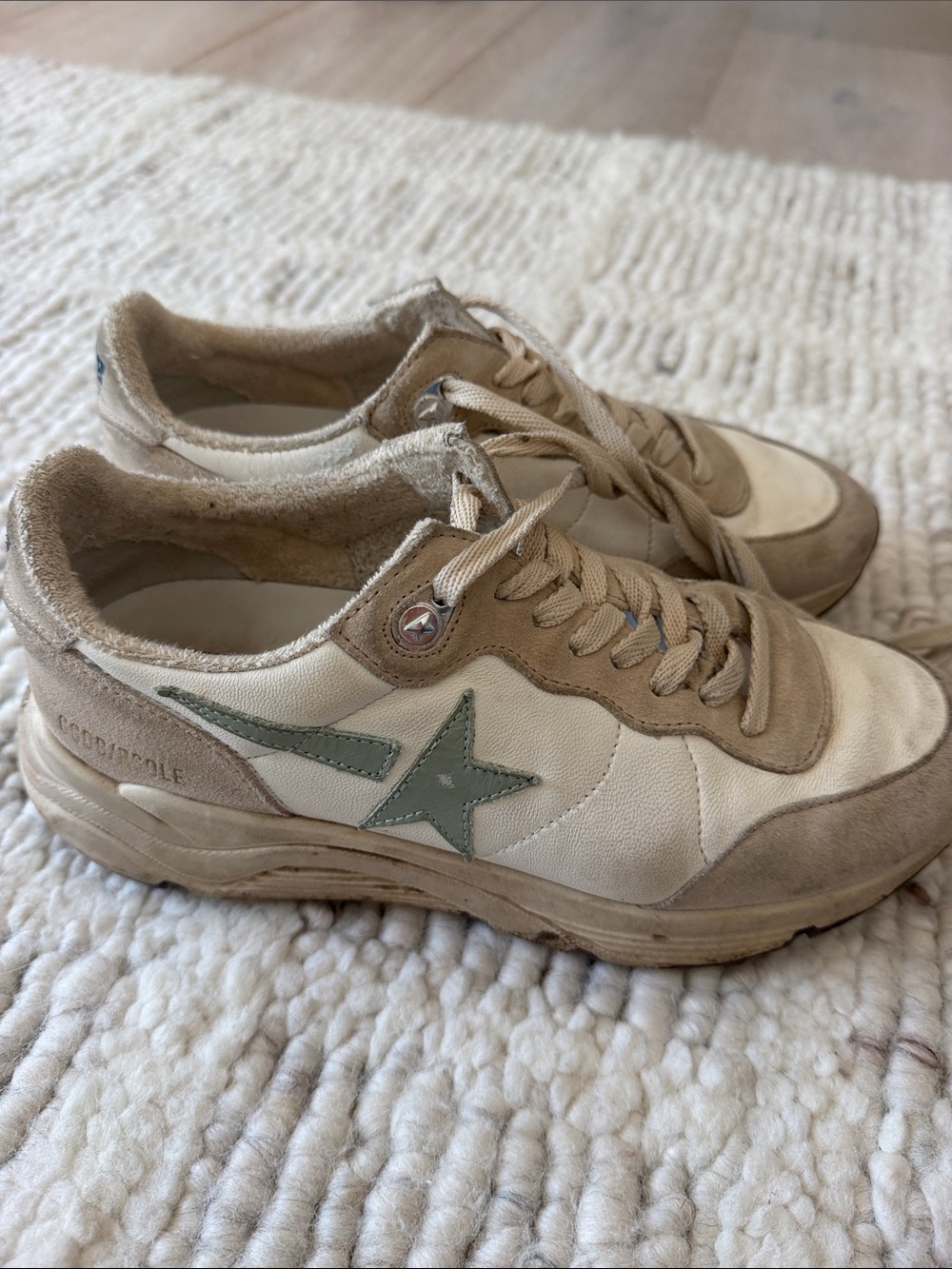 Golden Goose Beige and White Sneakers with sage Star